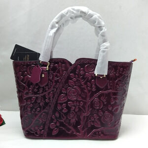 Pijushi Purple Leather Roses Embossed Tooled Satchel Tote Bag